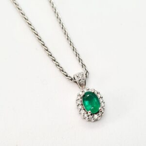18ct White Gold Oval Emerald and Diamond Pendant
