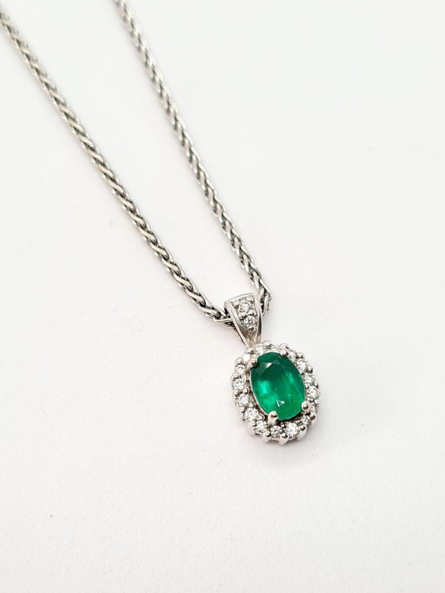 18ct White Gold Oval Emerald and Diamond Pendant