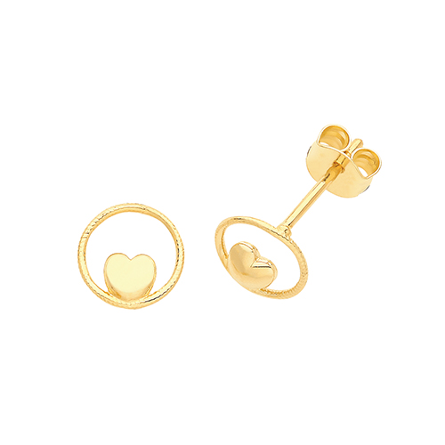 9ct Yellow Gold Heart in Circle Stud Earrings