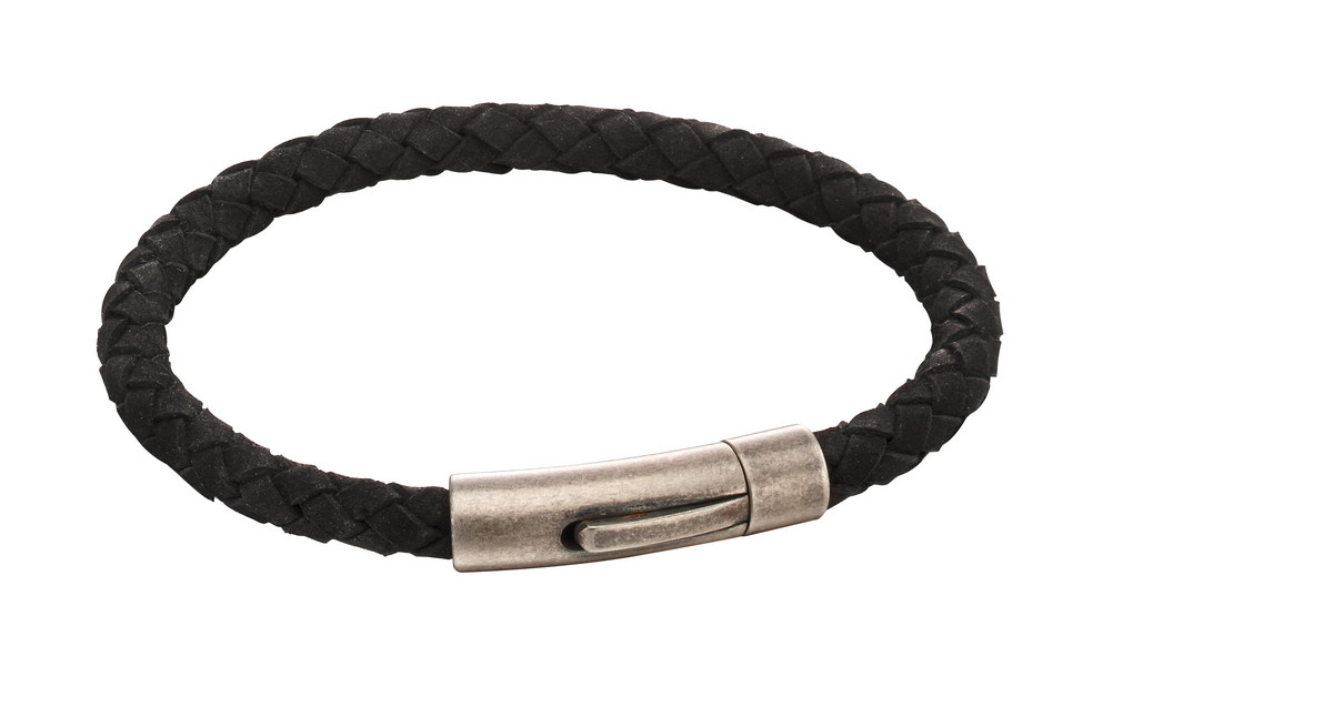 Fred Bennett Black Leather Matte Stainless Steel Bracelet