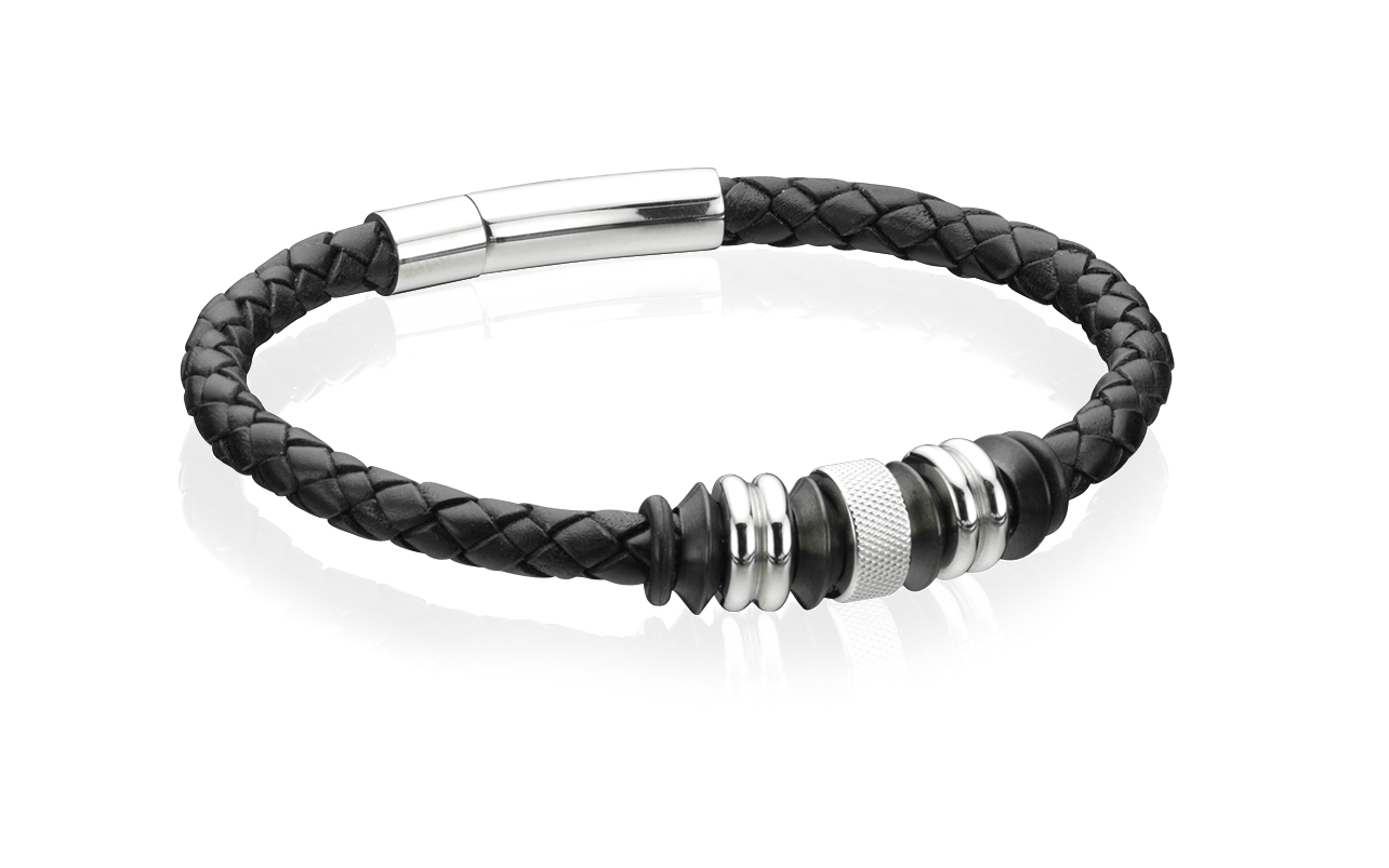 Fred Bennett Black Leather & Stainless Steel Bracelet