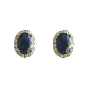 Sterling Silver CZ and Sapphire Oval Stud Earrings