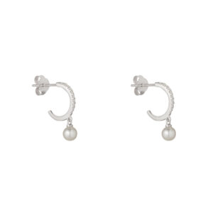 Sterling Silver CZ Half Hoop Pearl Drop Earrings