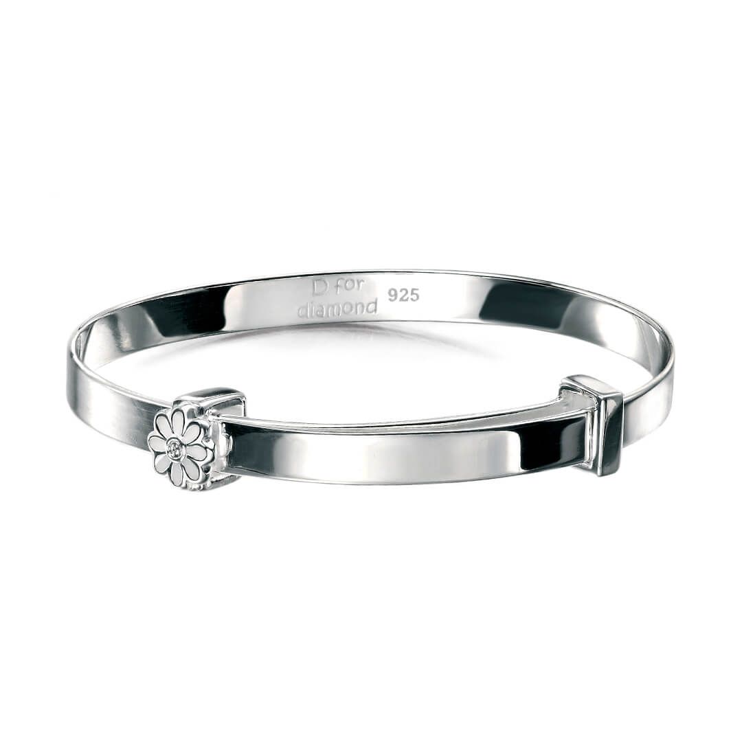 D for Diamond White Enamel Daisy Baby Bangle With Diamond