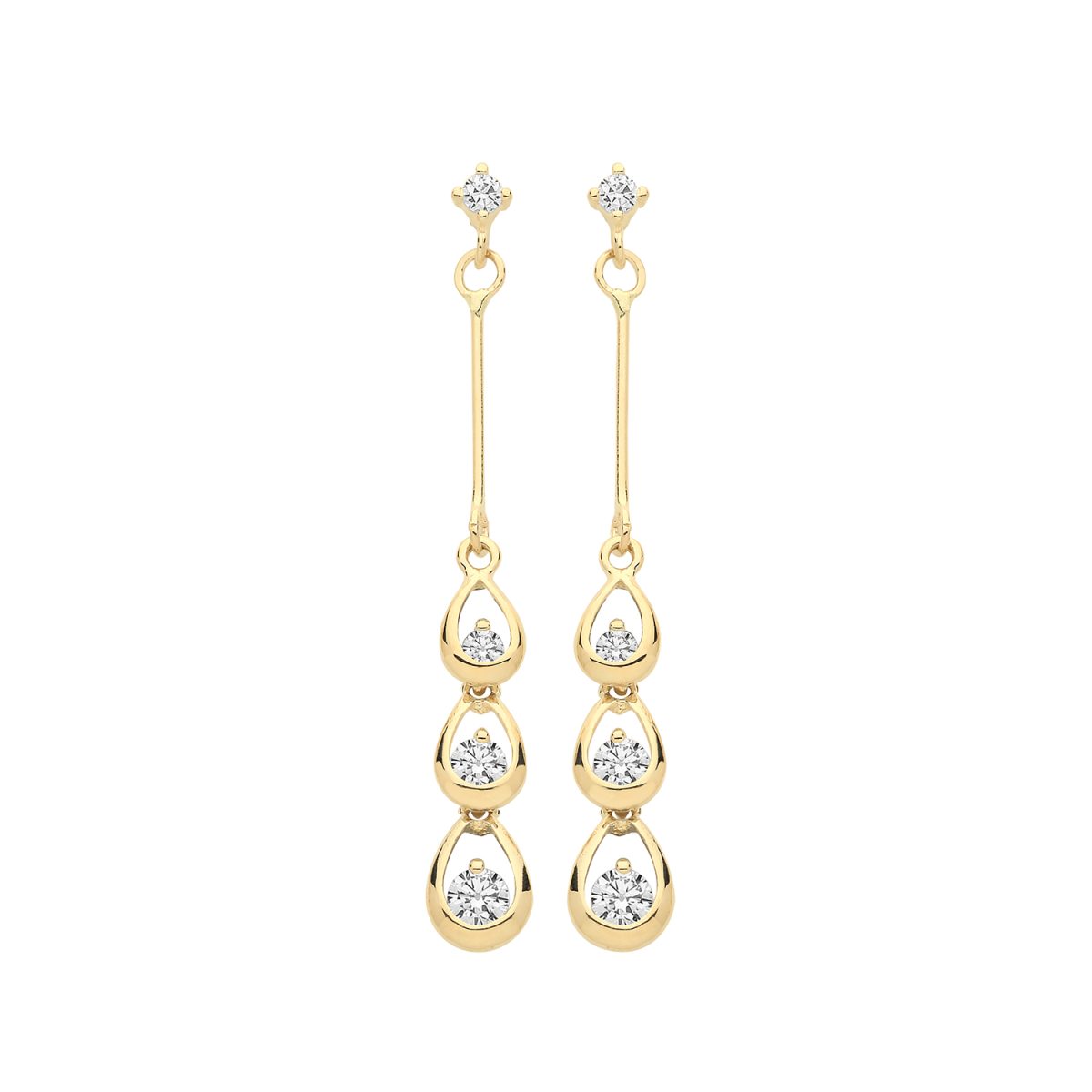 9ct Yellow Gold Fine Bar & CZ Open Pear Drop Earrings