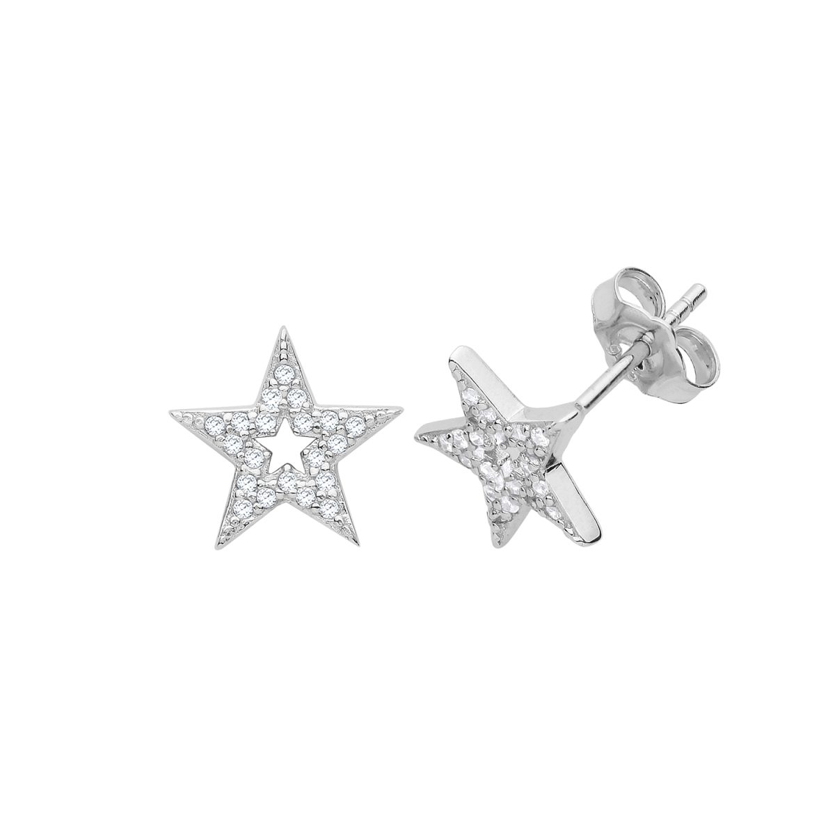 Sterling Silver CZ Open Star Stud Earrings