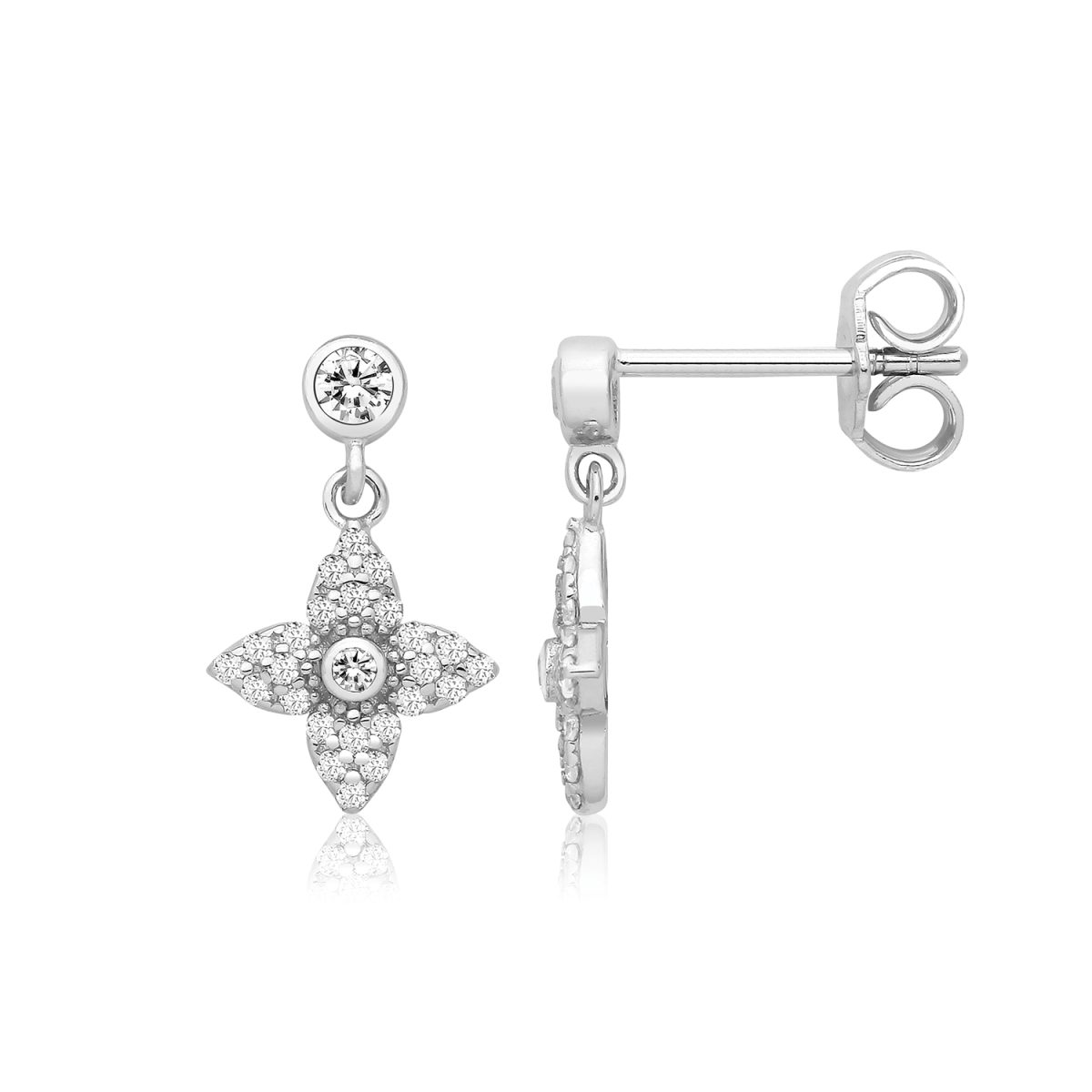 Sterling Silver CZ Flower Drop Earrings