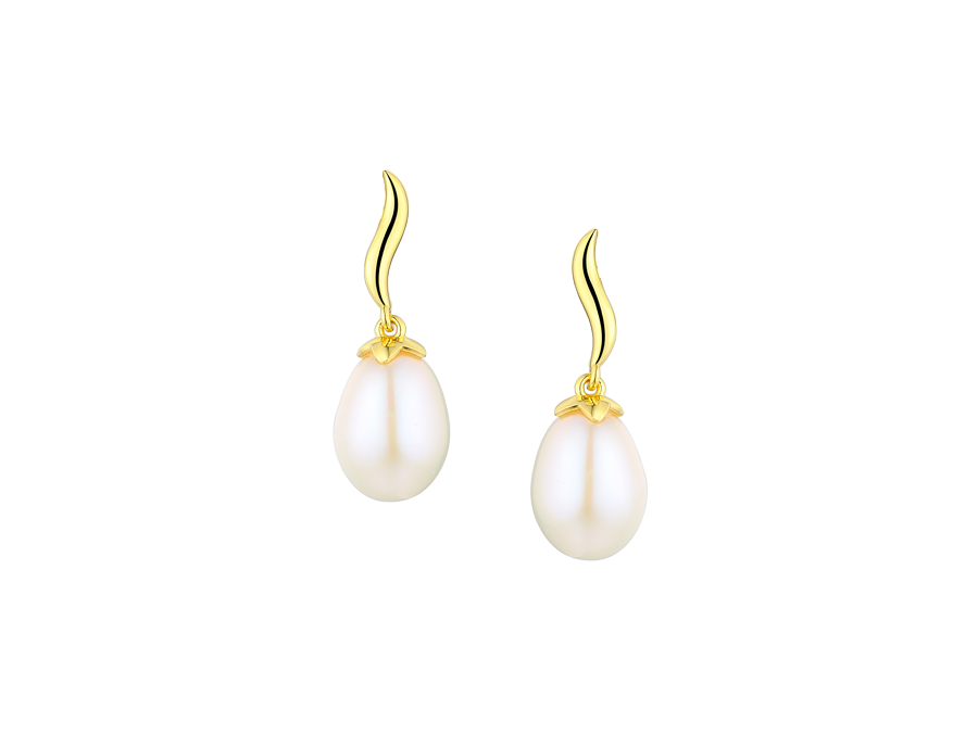 9ct Yellow Gold Wave Pearl Drop Earrings