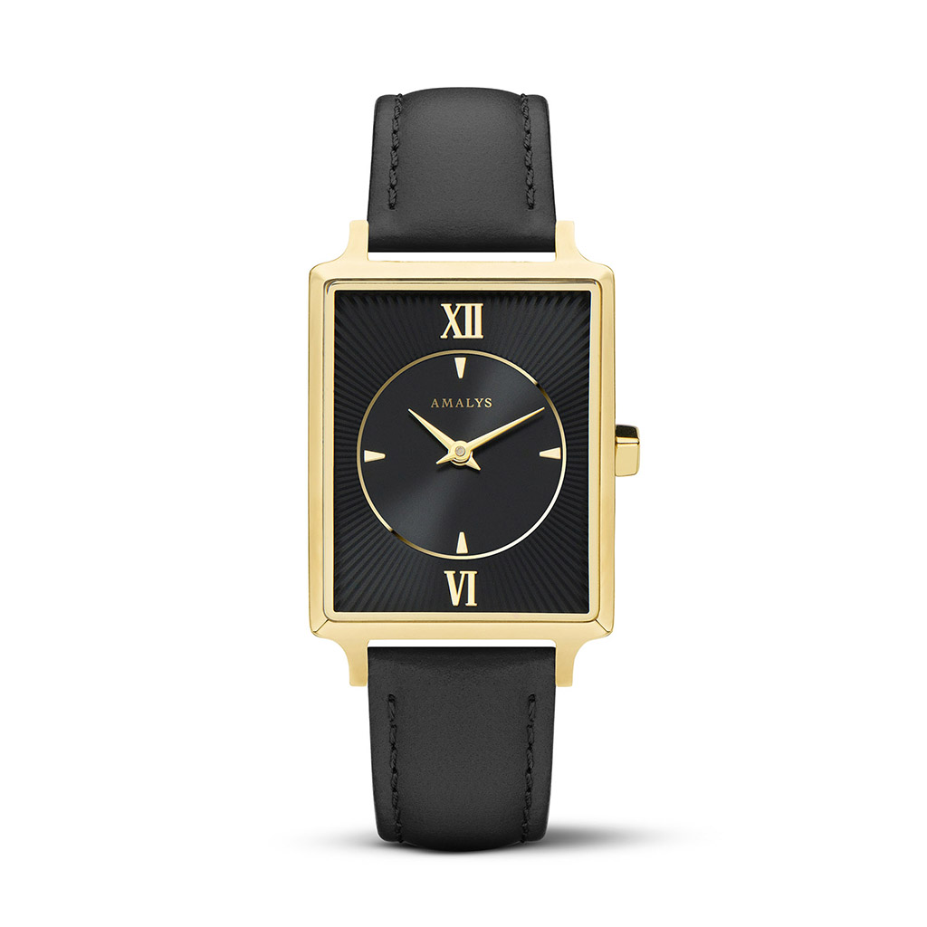 Amalys Paola - Gold Plated Black Dial - Black Leather Strap Ladies Watch
