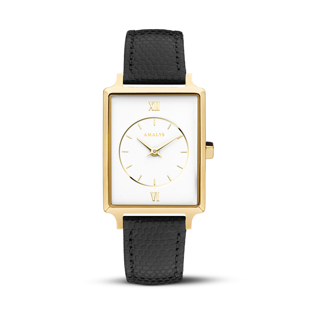 Amalys Noémie - Gold Plated White Dial - Black Leather Strap Ladies Watch