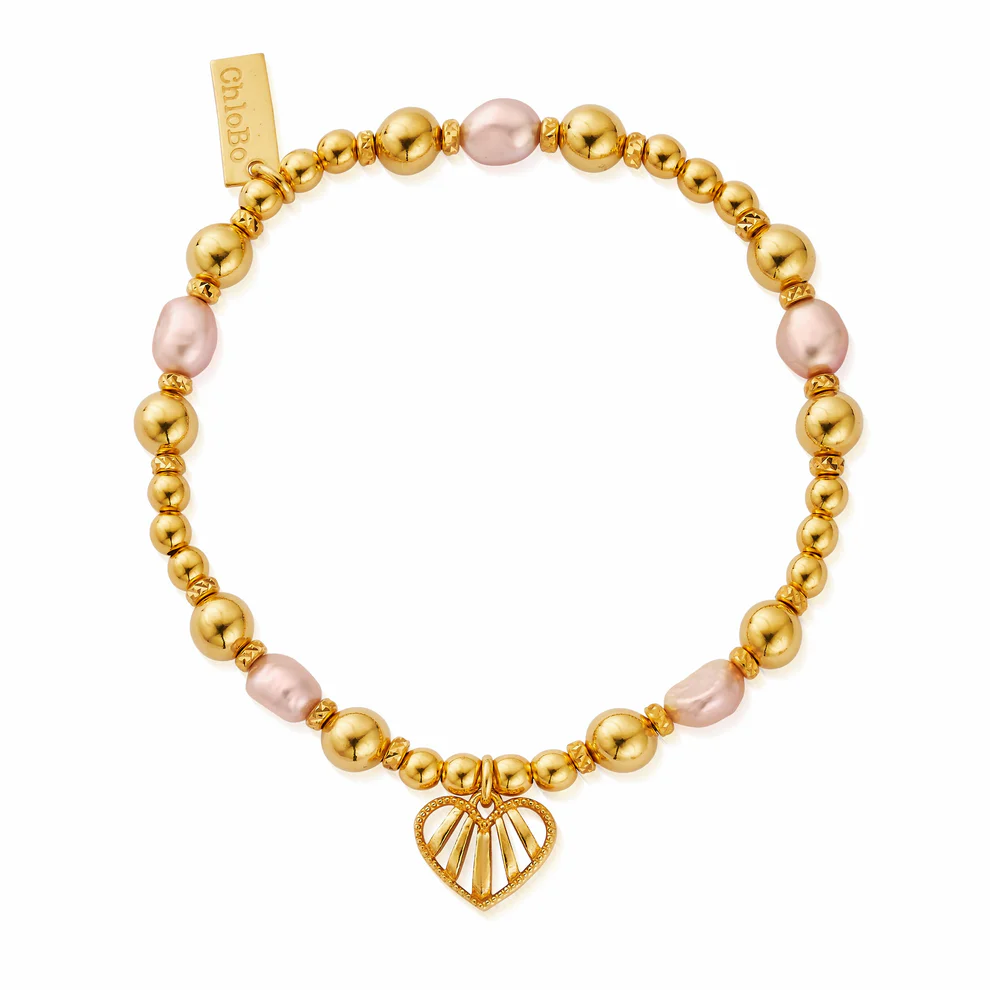 ChloBo Sterling Silver Gold Plated Loving Heart Pink Pearl Bracelet