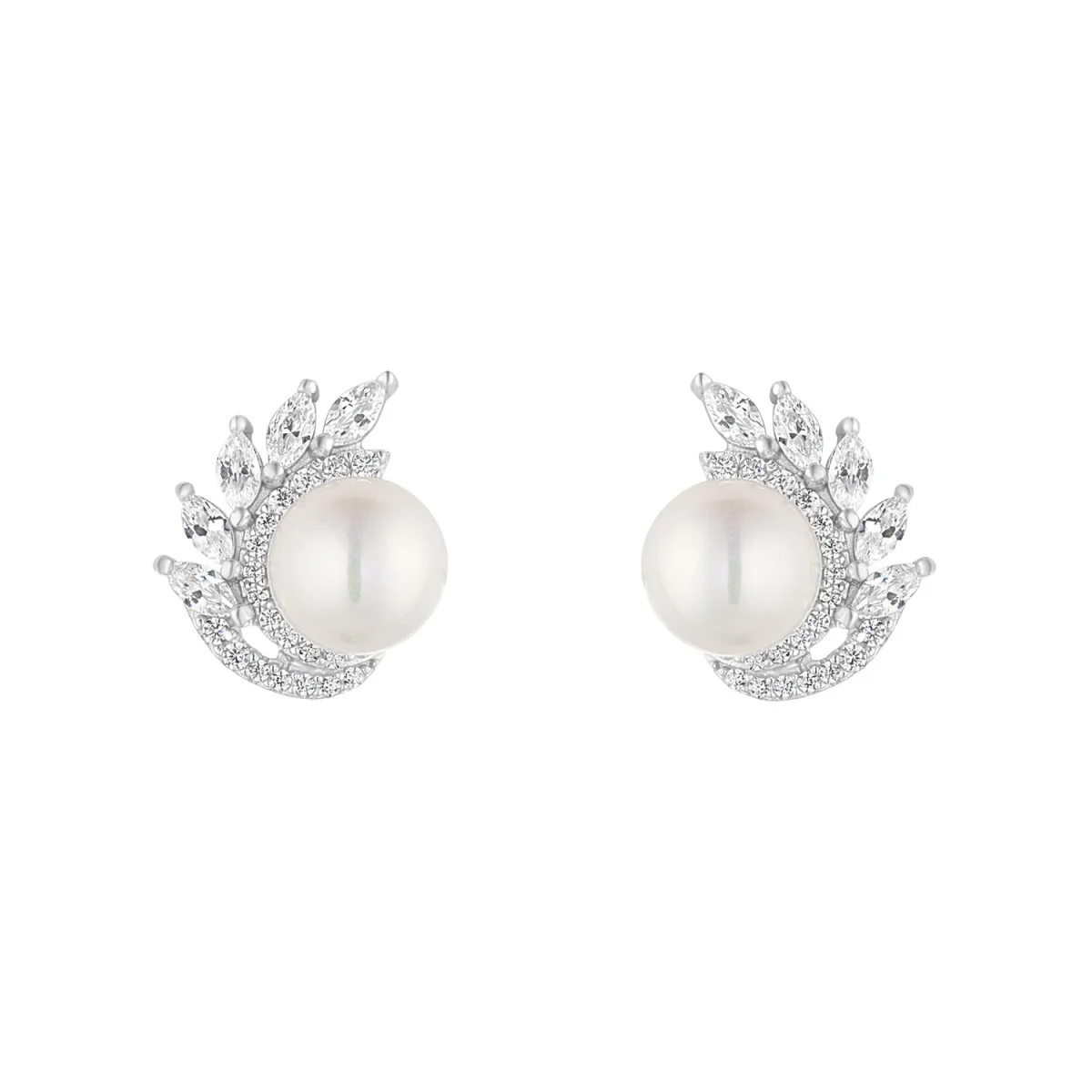 Sterling Silver CZ Cluster Pearl Stud Earrings