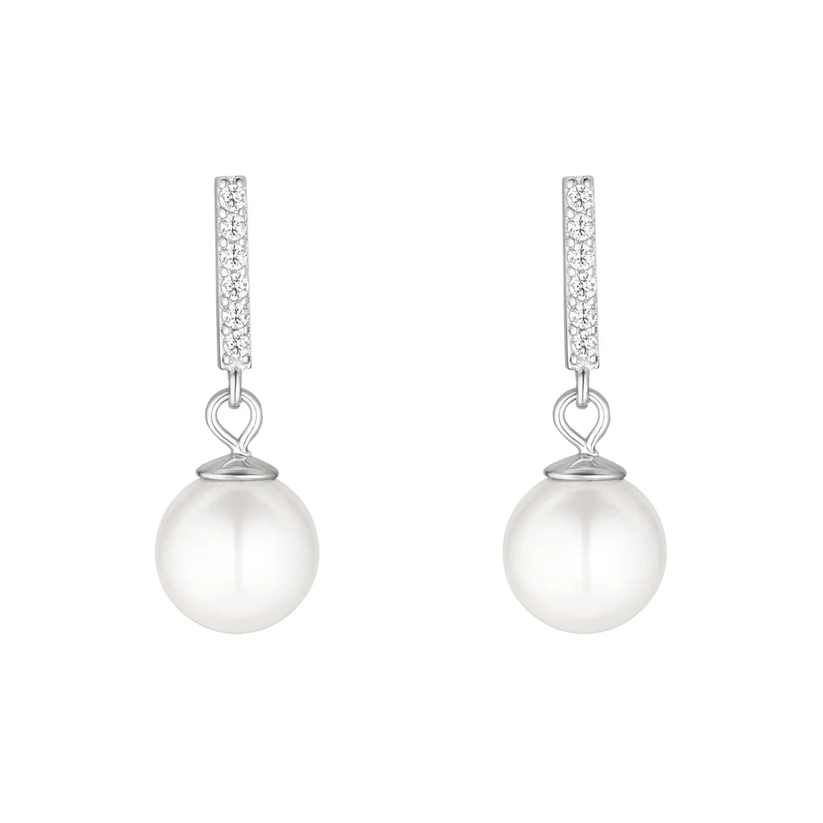 Sterling Silver Pearl CZ Bar Drop Earrings
