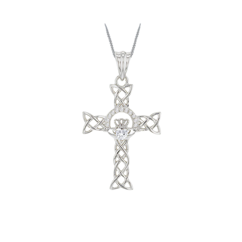 Sterling Silver CZ Celtic Claddagh Cross Pendant