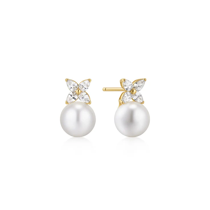 Ania Haie Sterling Silver Gold Plated Shell Pearl & Lucky Clover Stud Earrings