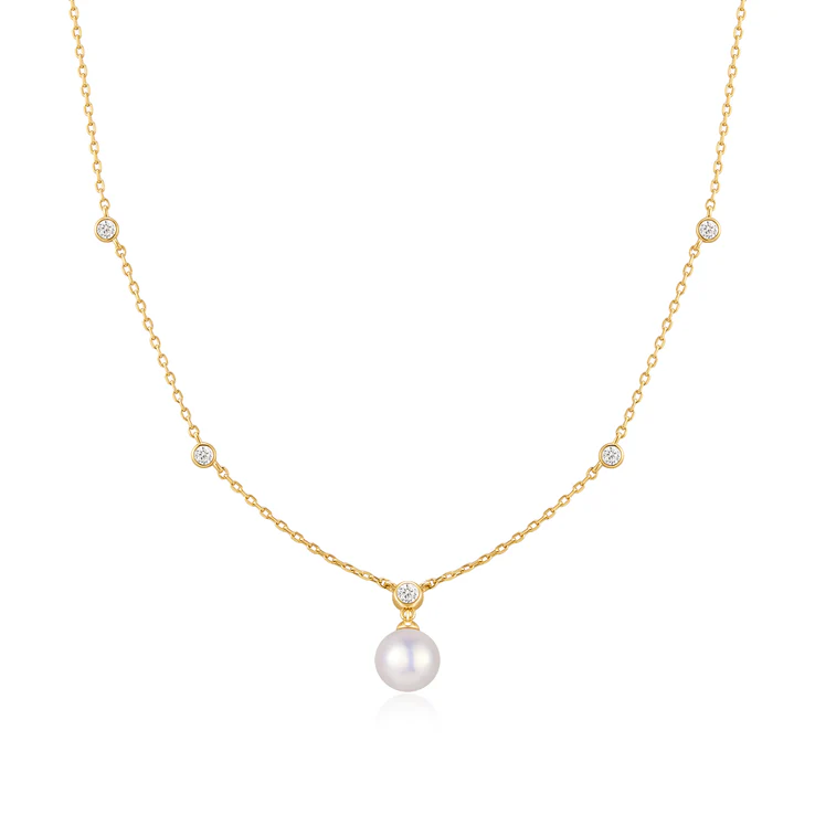 Ania Haie Sterling Silver Gold Plated Bezel-Set Station Necklace with Shell Pearl Pendant