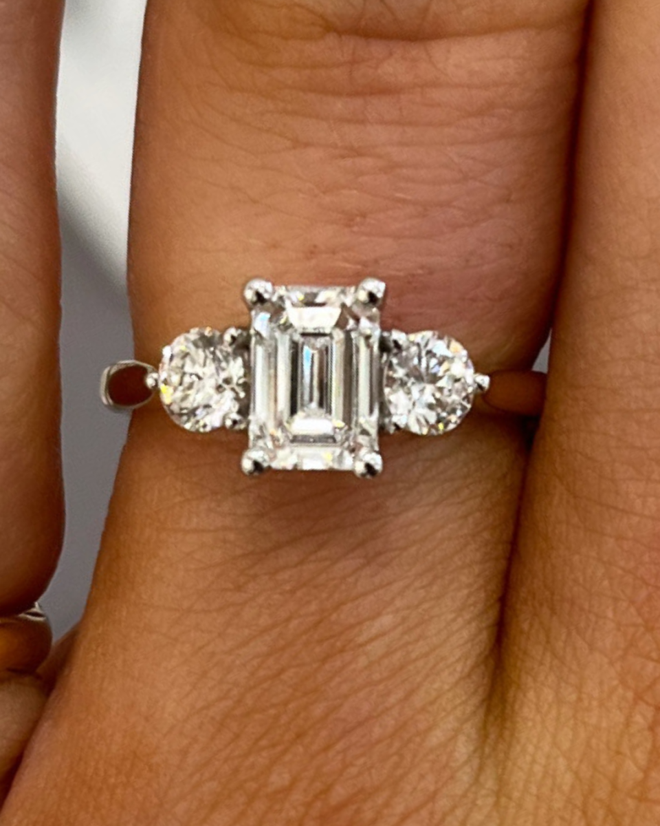 18ct Yellow Gold Emerald and Round Cut Trilogy Lab Diamond Ring