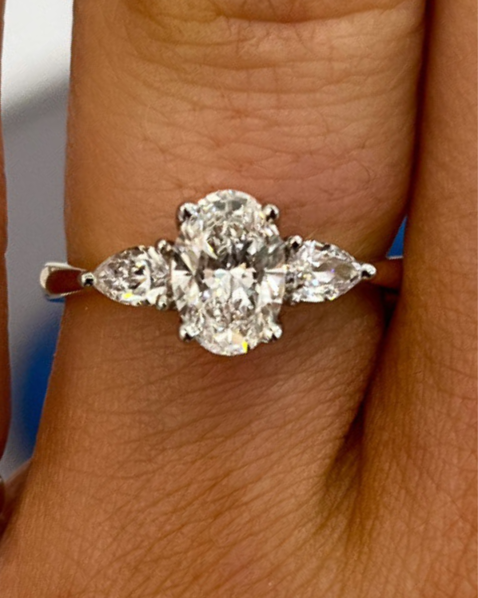 Platinum Oval and Pear Cut Trilogy Lab Diamond Ring