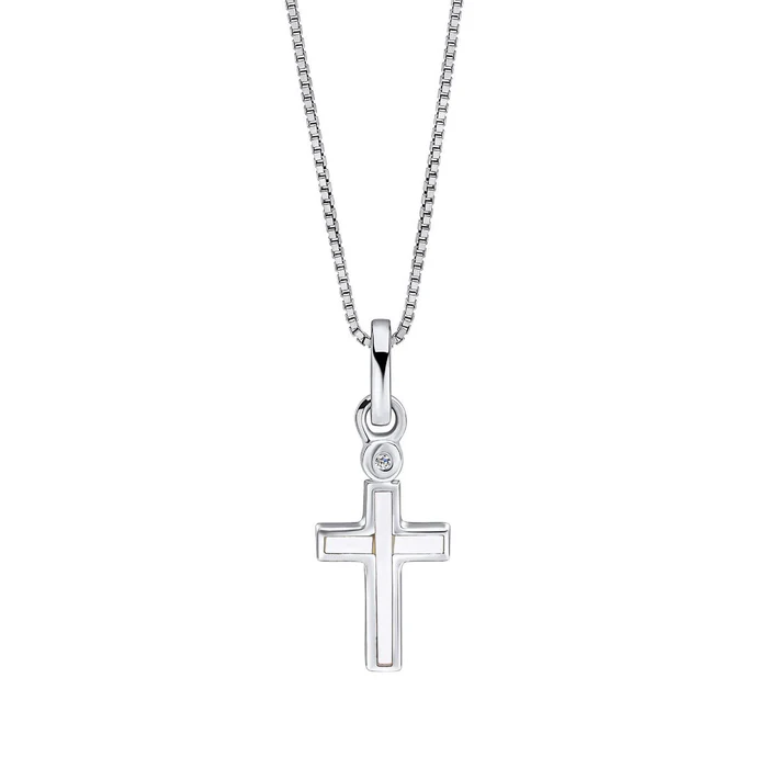 D for Diamonds Sterling Silver Mother of Pearl Cross Pendant with Diamond