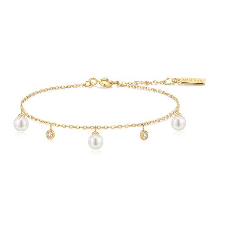 Ania Haie Sterling Silver Gold Plated Shell Pearl & Sparkle Drop Station Bracelet
