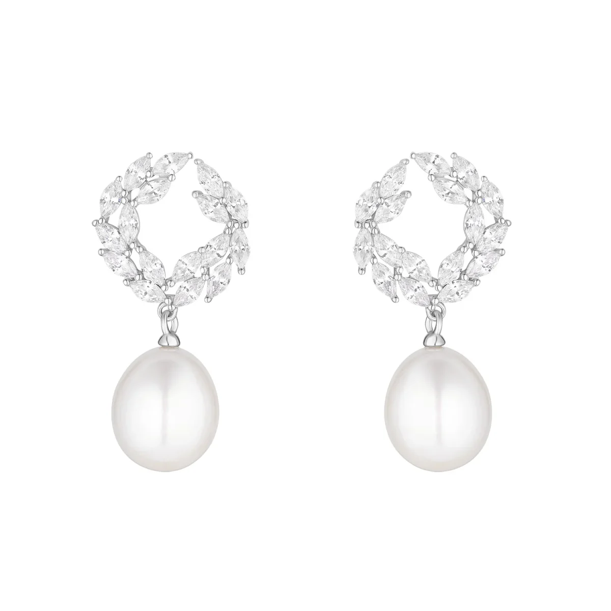 Sterling Silver Open Circle CZ Cluster Pearl Drop Earrings