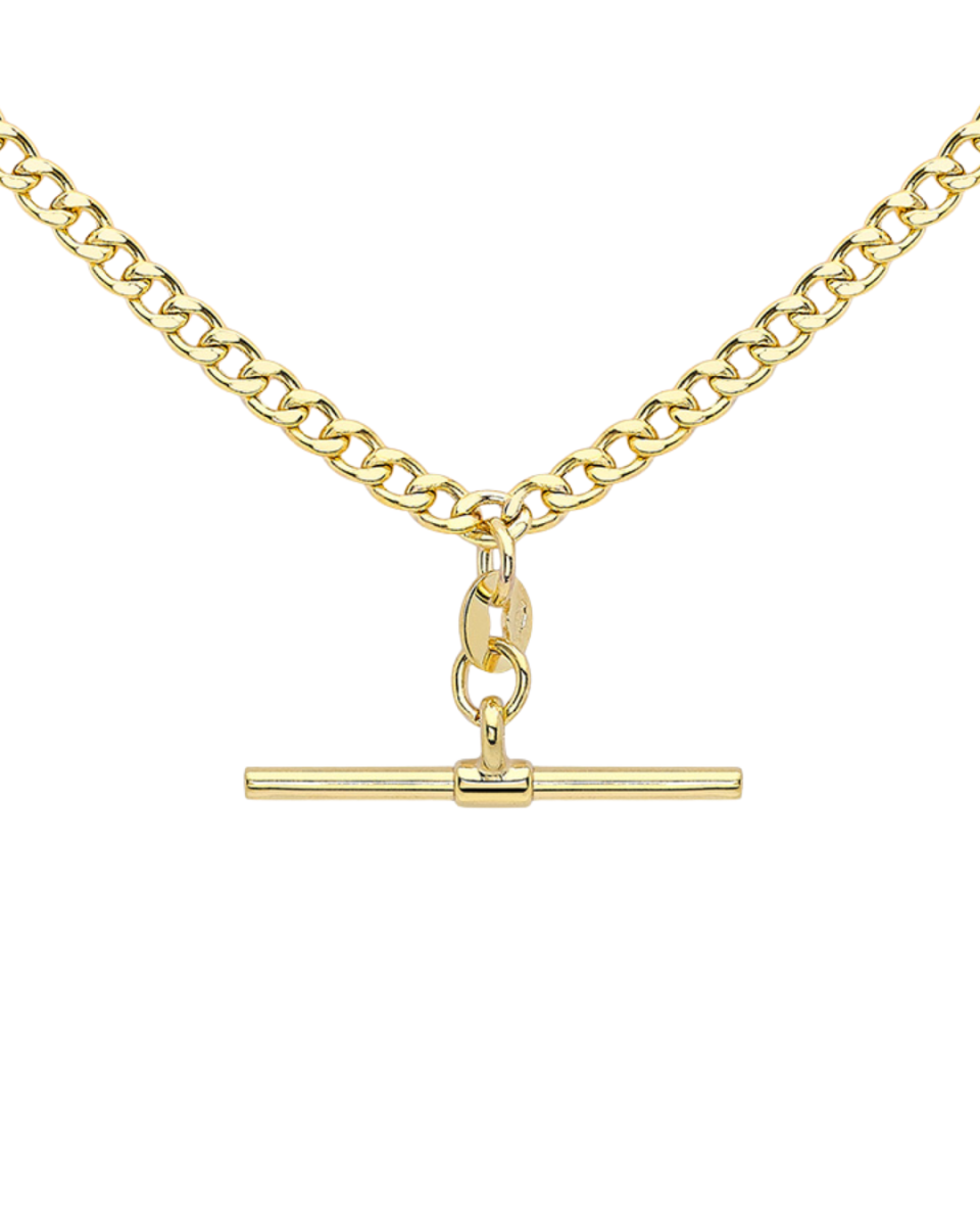 9ct Yellow Gold T-Bar Hollow Diamond Cut Curb Albert Necklace