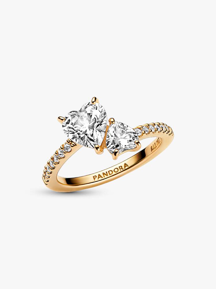 Pandora 14ct Gold Plated Double Heart Sparkling Ring Size 58