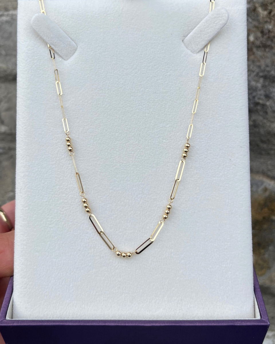 18ct Yellow Gold Fine Paper link Bead Necklace