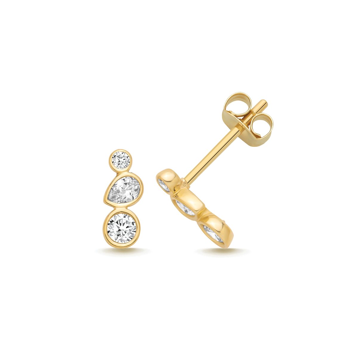 9ct Yellow gold Three CZ Climber Stud Earrings