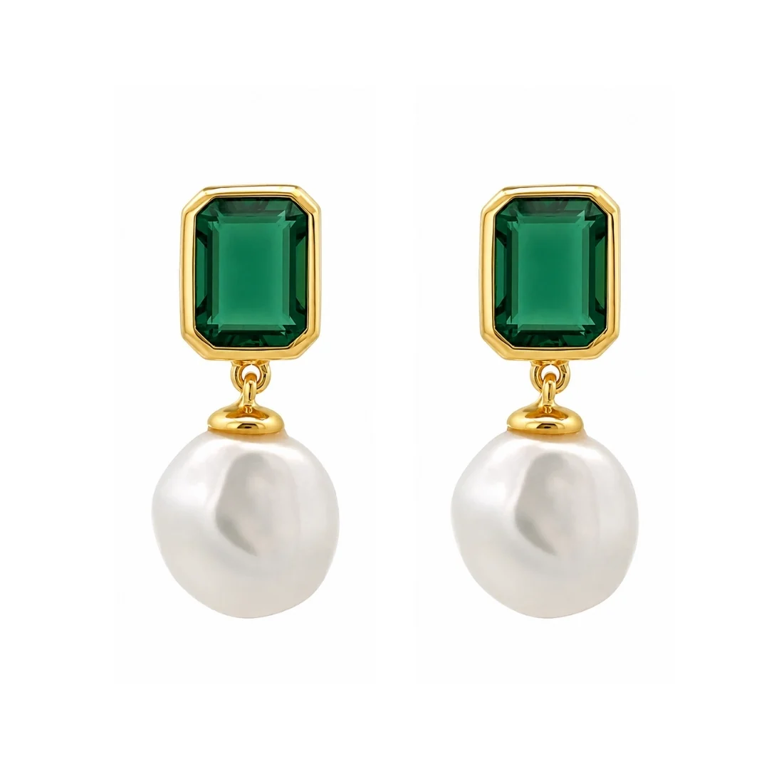 Burren Emerald Isle Green Emerald-Cut CZ & Freshwater Pearl Drop Earrings